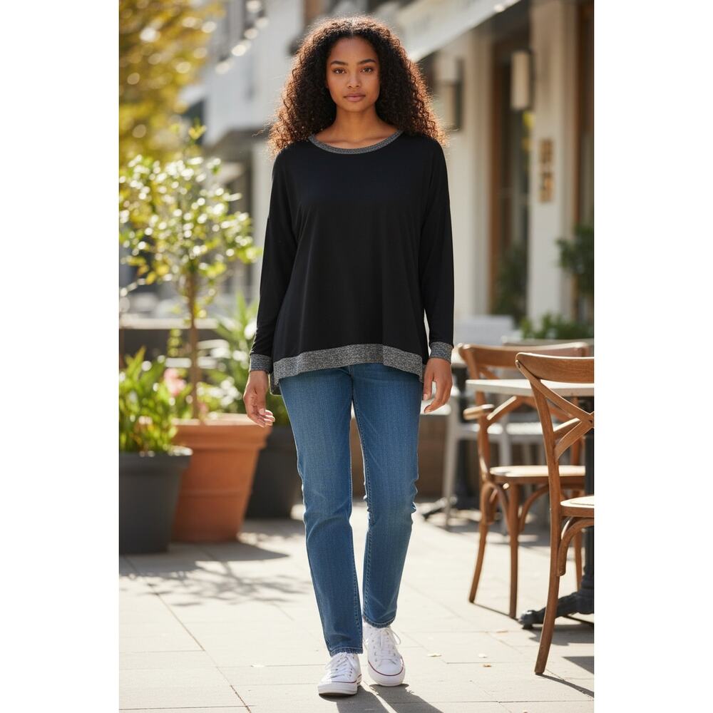 Black Blouse XL Long Sleeve Thin Sweater NEW Gray Leisurewear Casual Top Mod